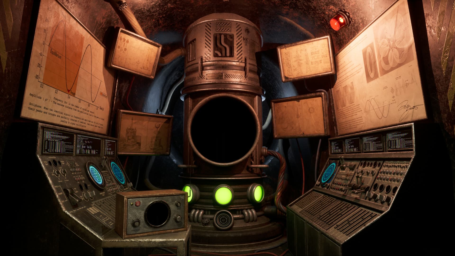 The Warp Machine: a copper cylinder with a black portal maw, radar consoles, and green porthole glow