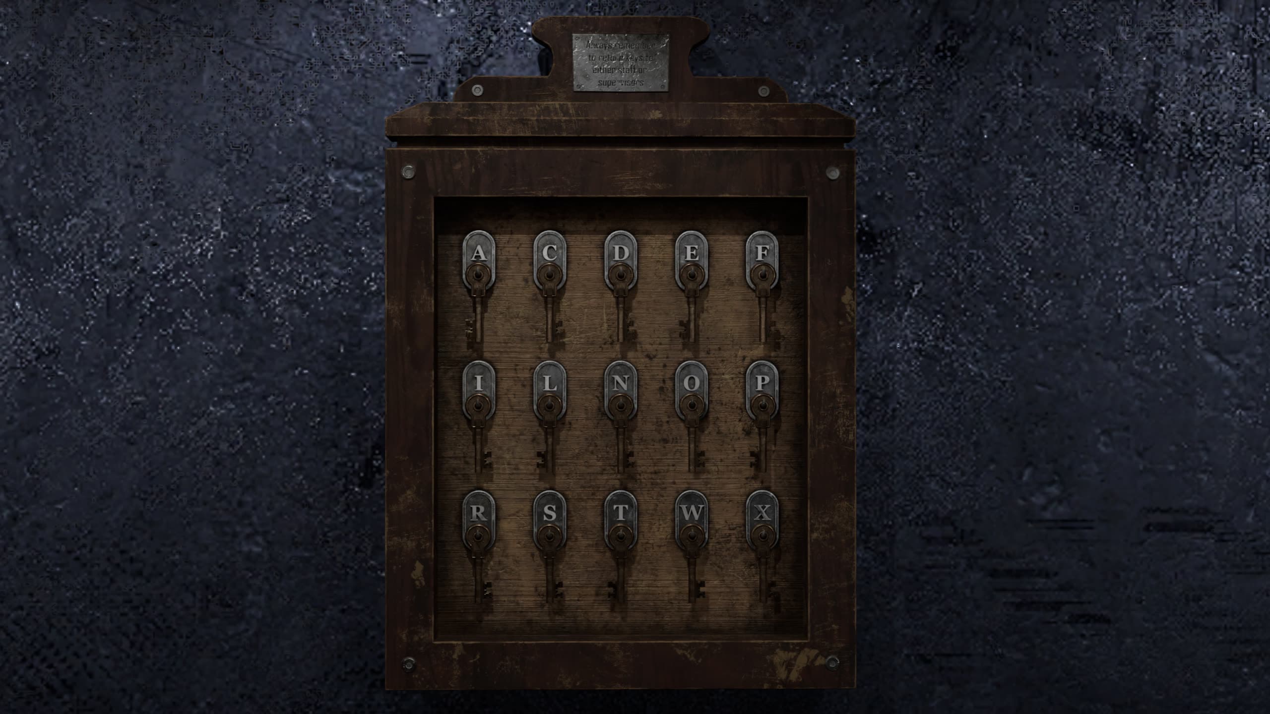 Wooden key cabinet with lettered hooks, several keys missing