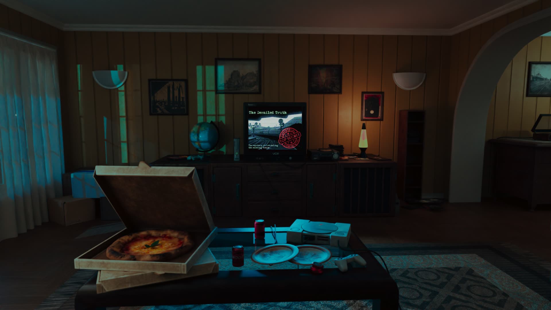 A 1990s living room at night; the TV shows the documentary The Derailed Truth stamped TOP SECRET