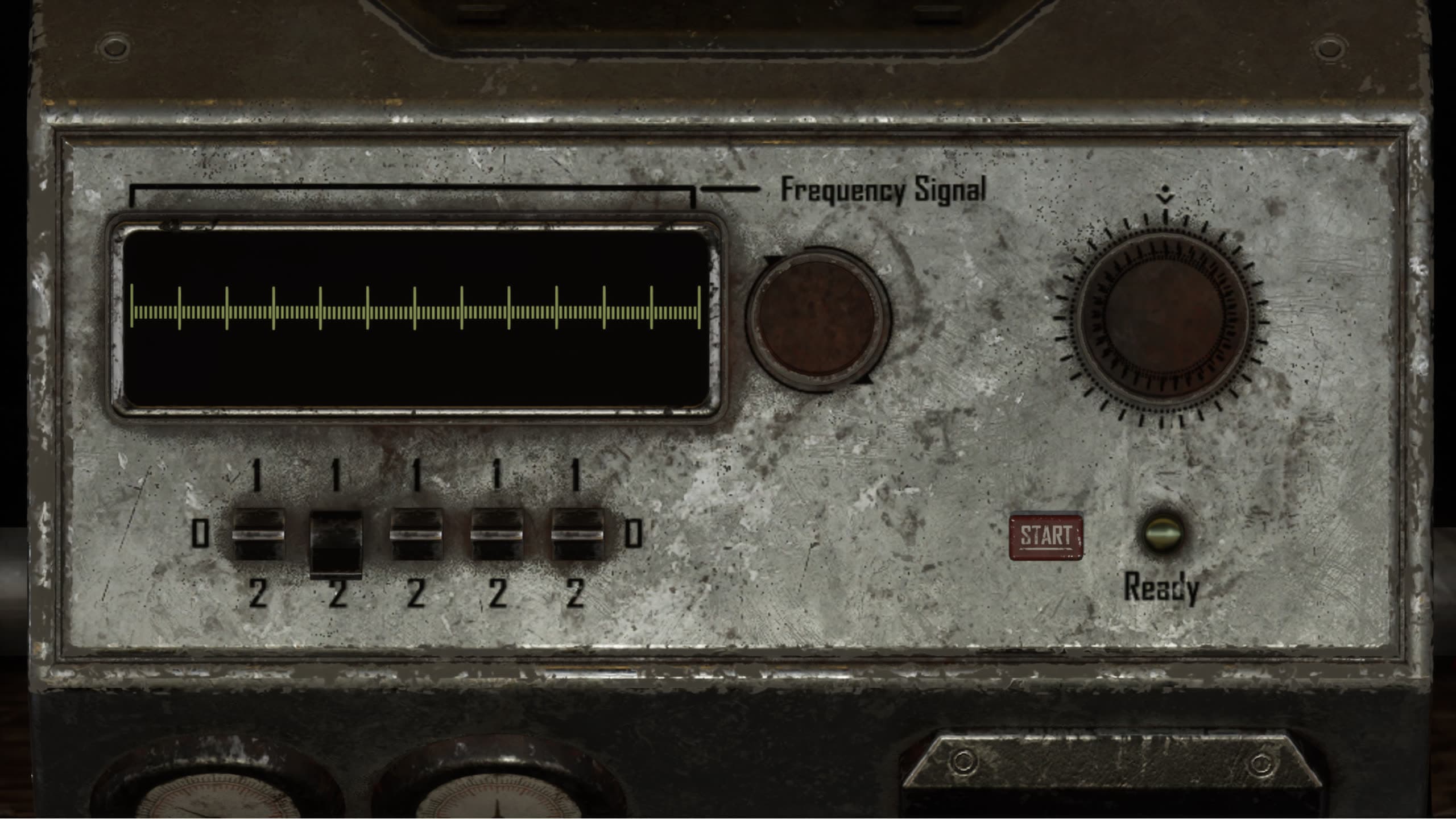 Weathered control panel with an oscilloscope screen, toggle switches, and a START button