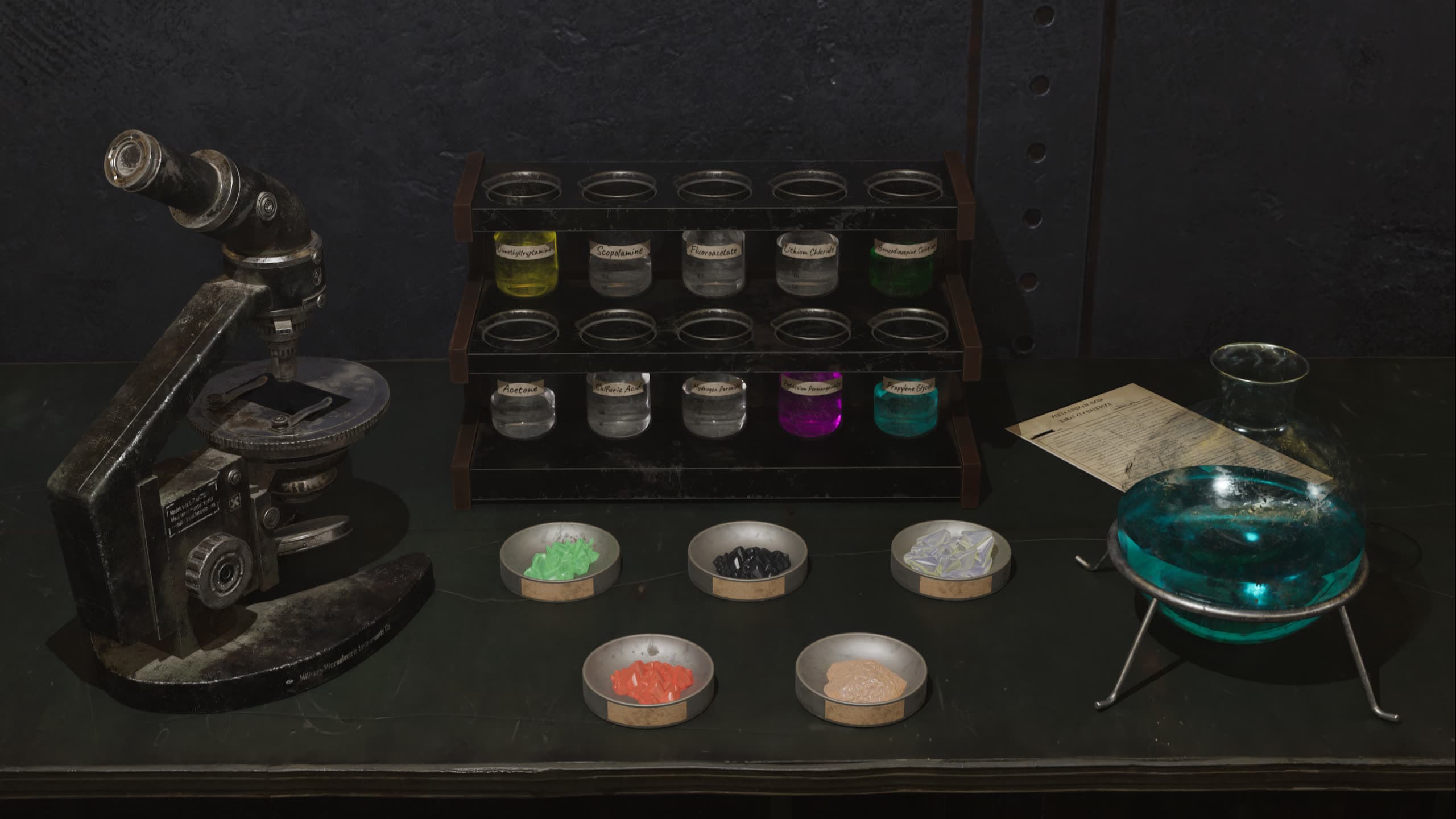 Chemistry bench with a vintage microscope and rows of labeled reagent beakers