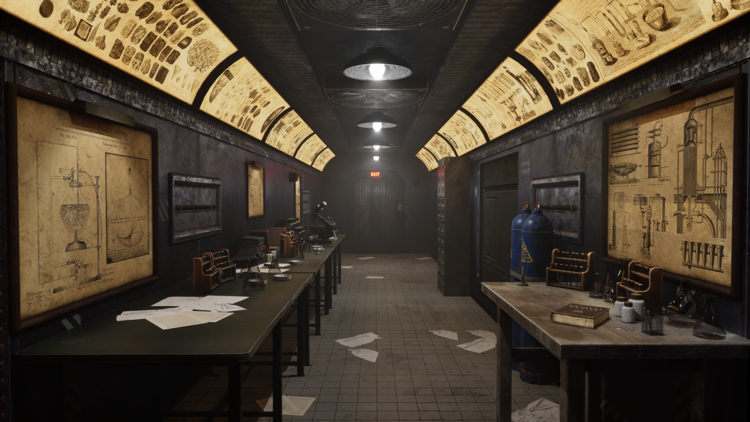 Laboratory corridor inside a train car with patent-drawing lightboxes, benches, and flasks